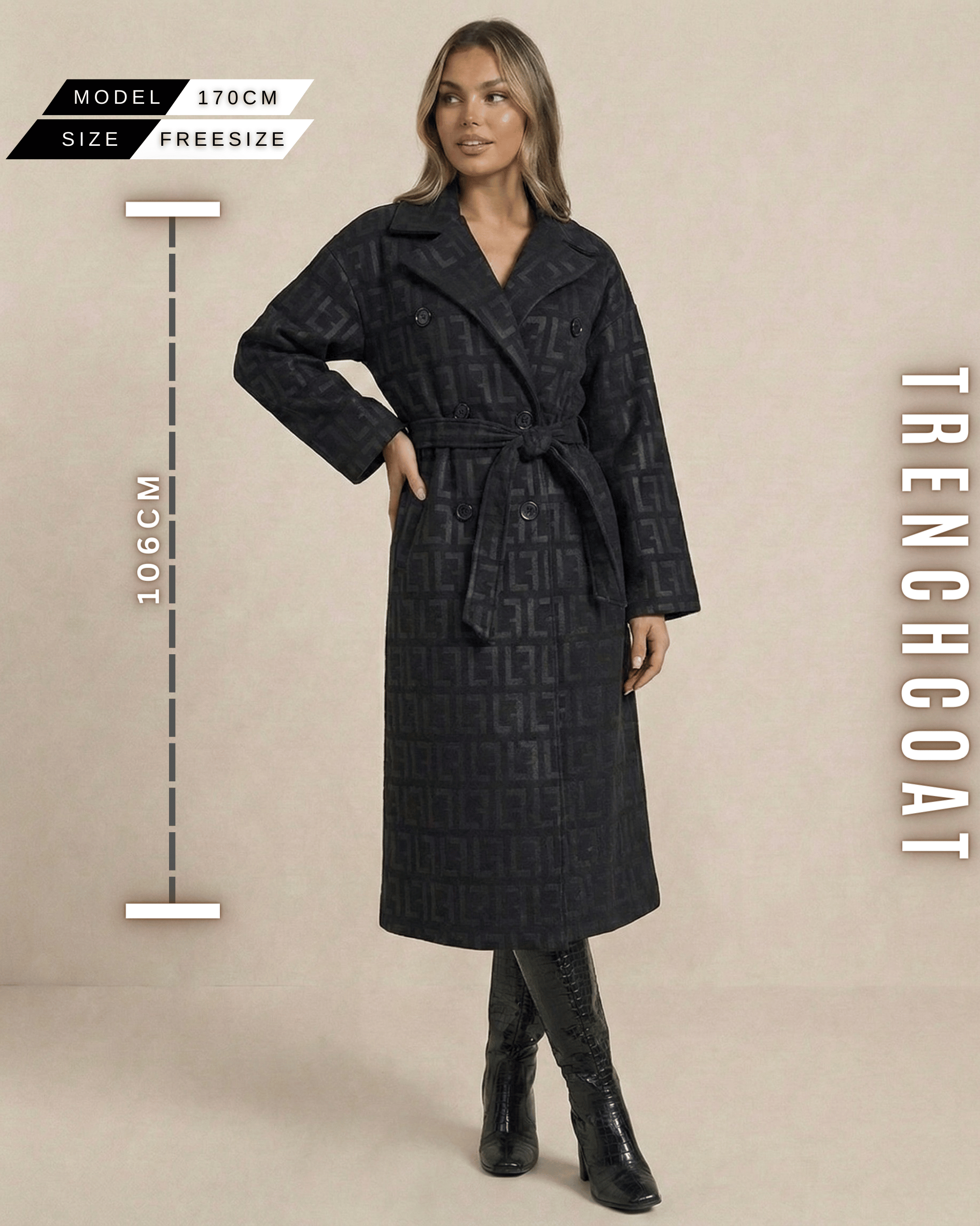Ganzkörperansicht des schwarzen Trenchcoats mit Maßen (106 cm Länge) und Model-Info (170 cm).