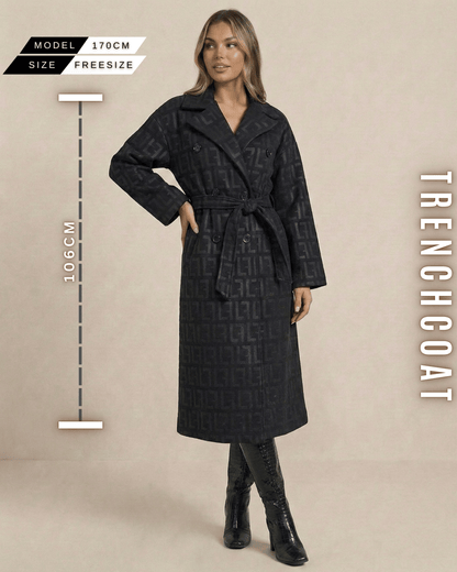 Ganzkörperansicht des schwarzen Trenchcoats mit Maßen (106 cm Länge) und Model-Info (170 cm).