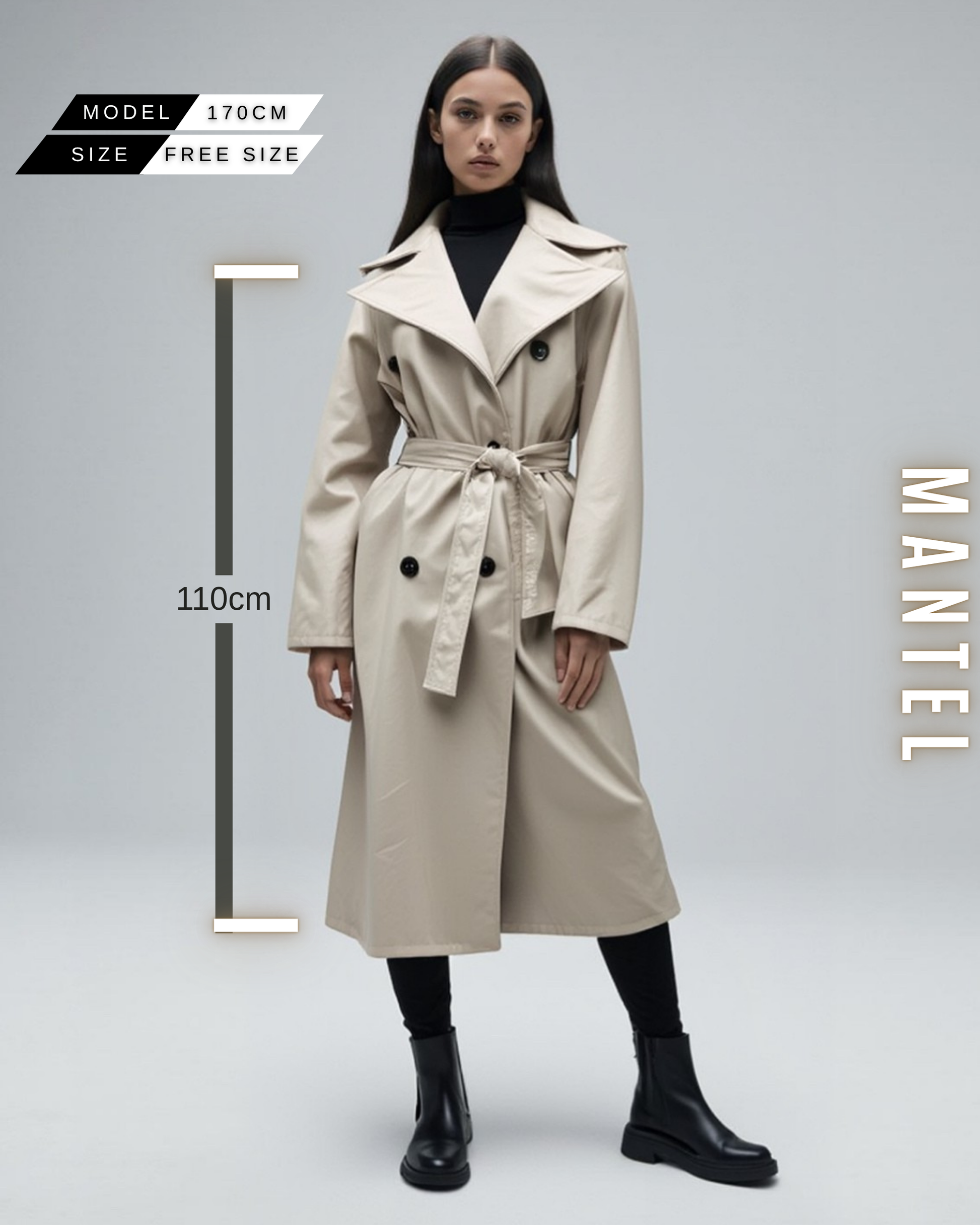 Eine Frau trägt einen langen, hellbeigen Trenchcoat aus Kunstleder mit Gürtel und Schwarze Knöpfen (Länge 110 cm).