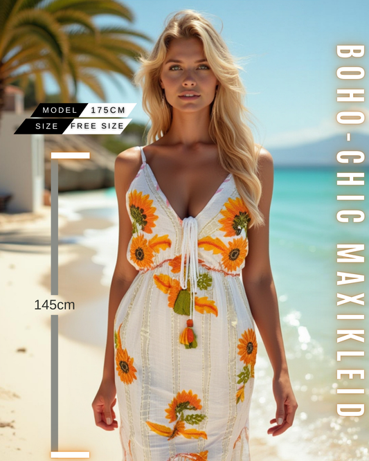 Boho-Chic Maxikleid – Ärmellos & Blumenmuster| Orange-Rosa | Viskose | Ideal für Sommer, Strand & Festival