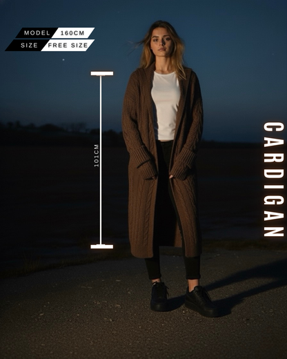 Langer Zopfstrick Cardigan mit Kapuze