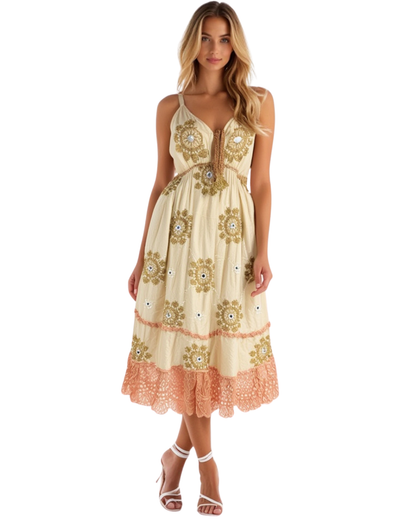 Boho-Maxi-Kleid mit Perlen und Spiegel