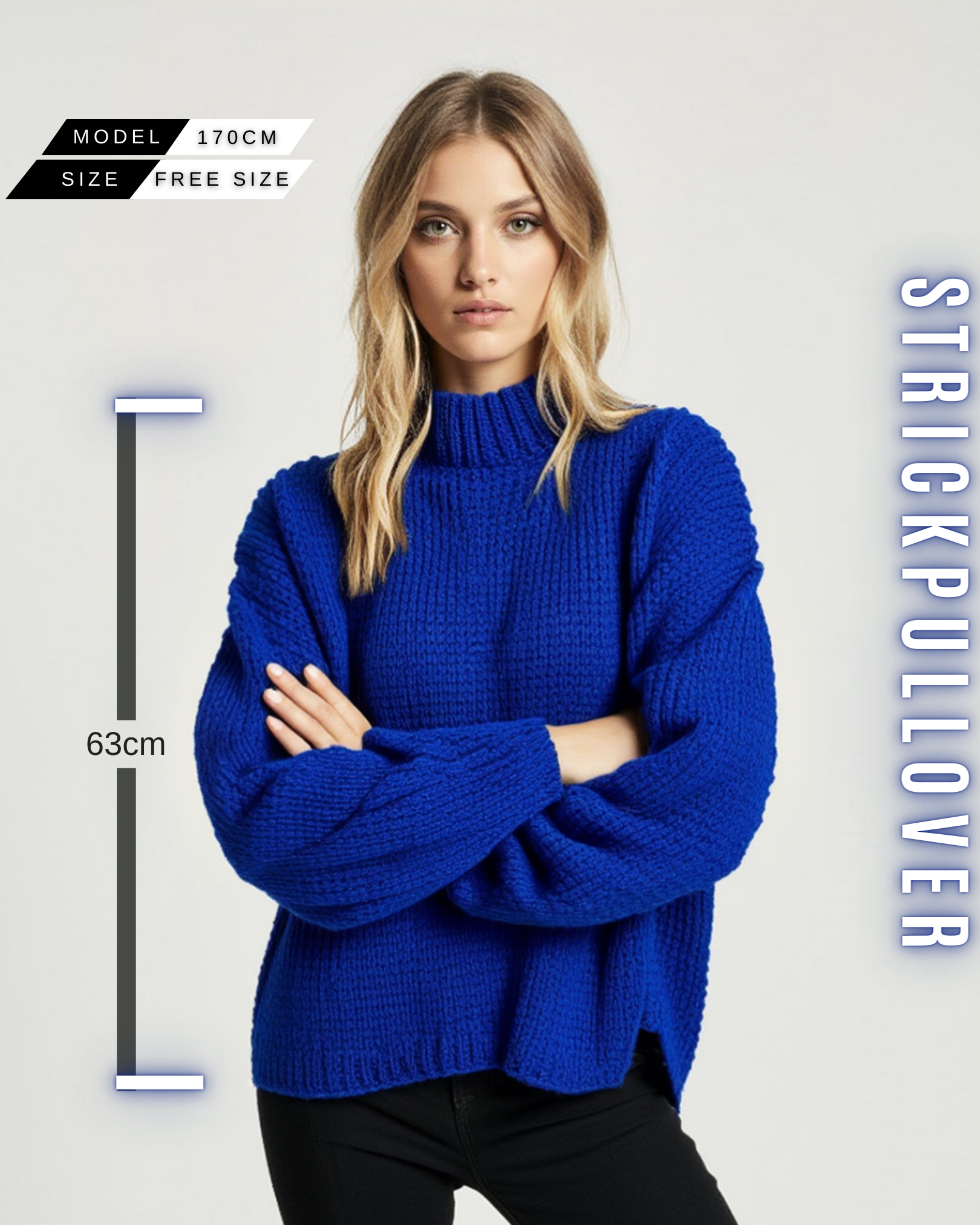 Nahaufnahme des Strickmusters und des Stehkragens am Pullover, mit Größeninformationen.