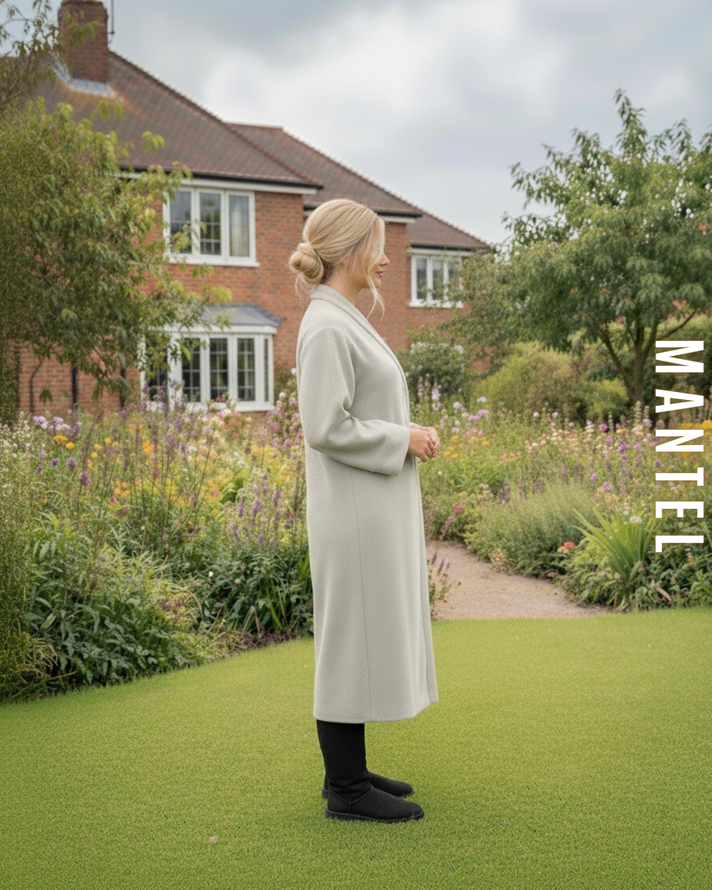 Seitenansicht des langen weißen Wollmantels im Oversize-Schnitt