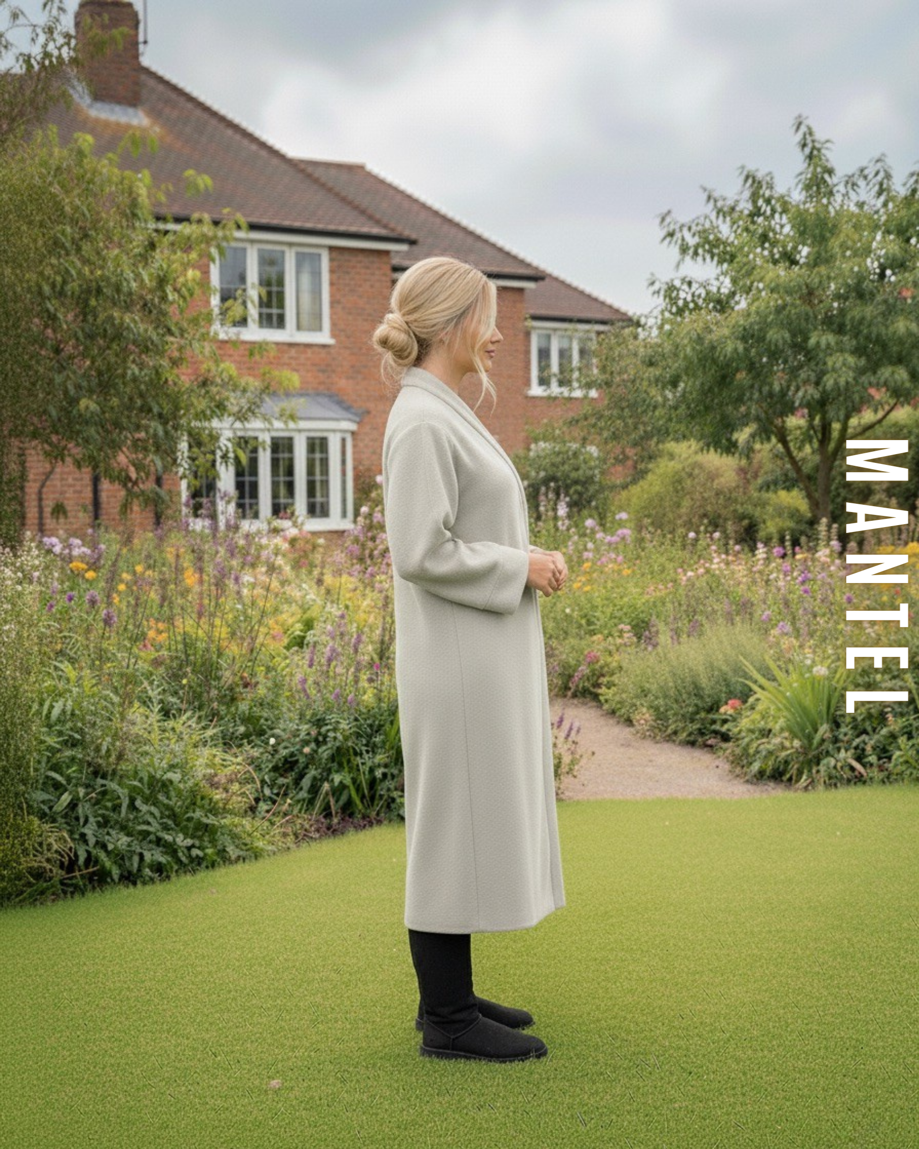 Seitenansicht des langen weißen Wollmantels im Oversize-Schnitt