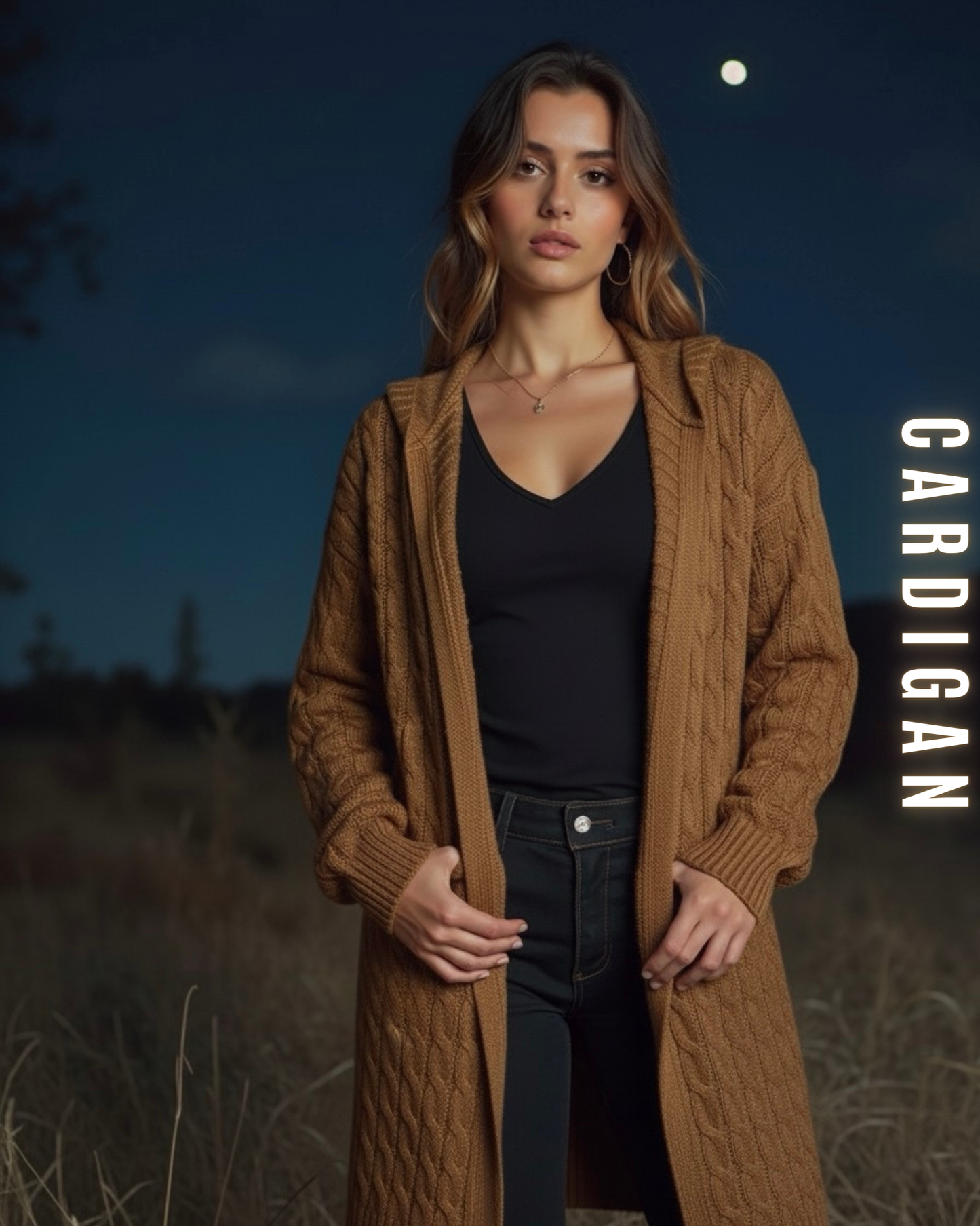 Nahaufnahme des braunen Zopfstrickmusters und der Kapuze.