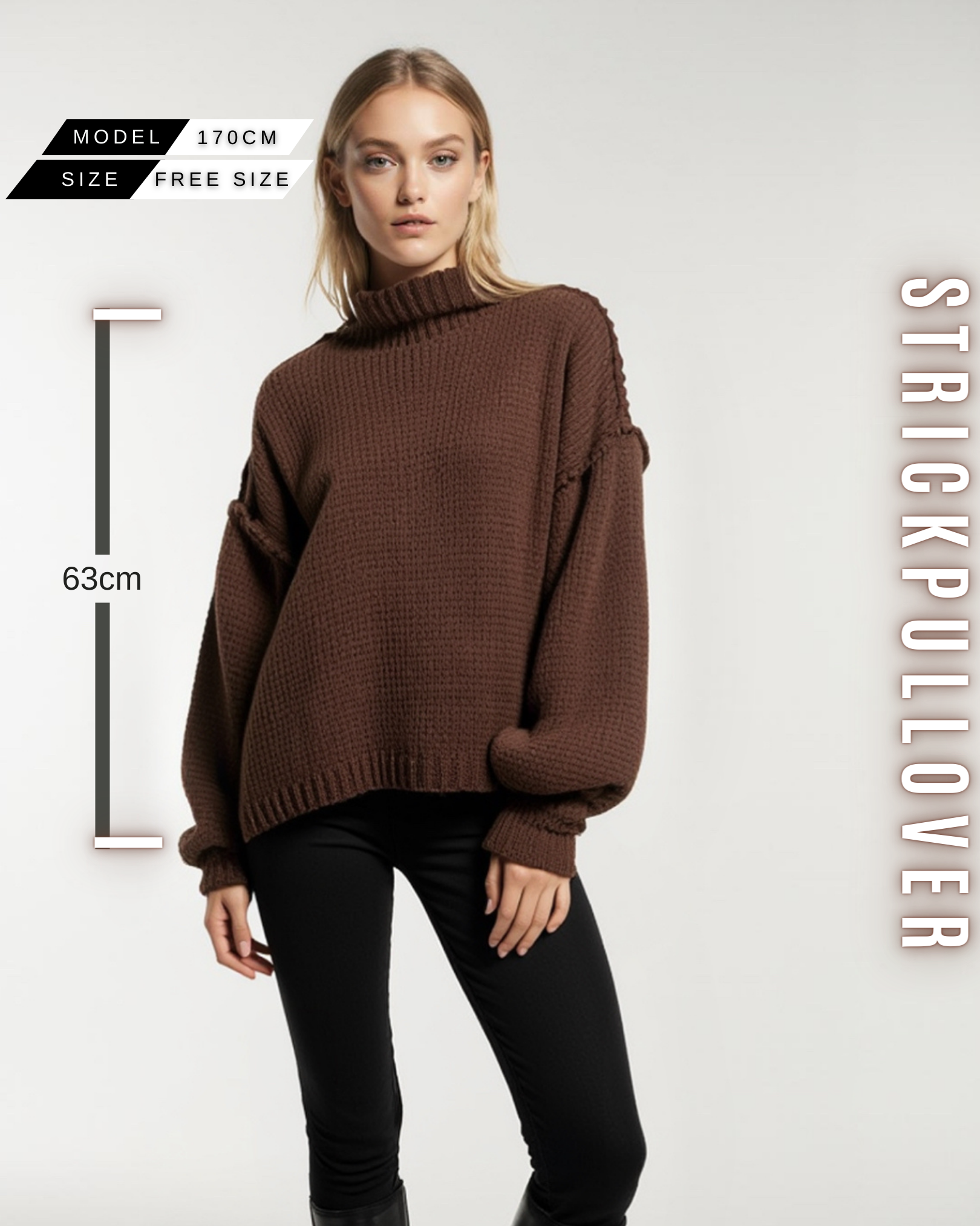 Eine Frau in einem kastanienbrauen, grob gestrickten Pullover mit Stehkragen, weiten Ärmeln und mit Größe Information.