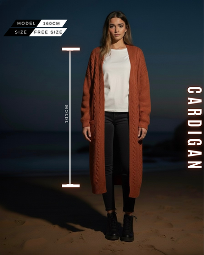 Langer Zopfstrick Cardigan mit Kapuze