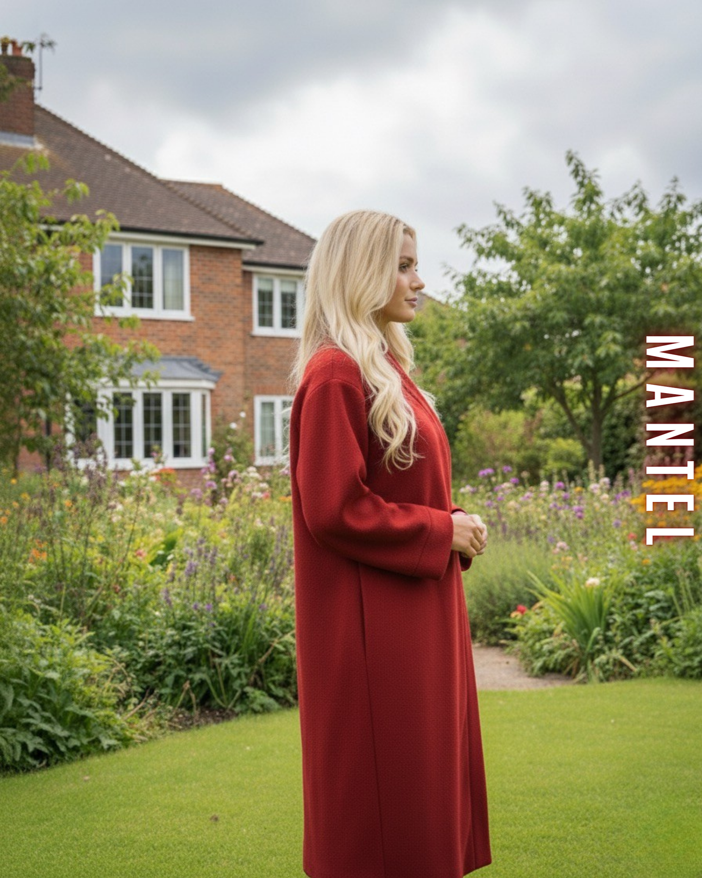 Seitenansicht des langen Rostroten Wollmantels im Oversize-Schnitt