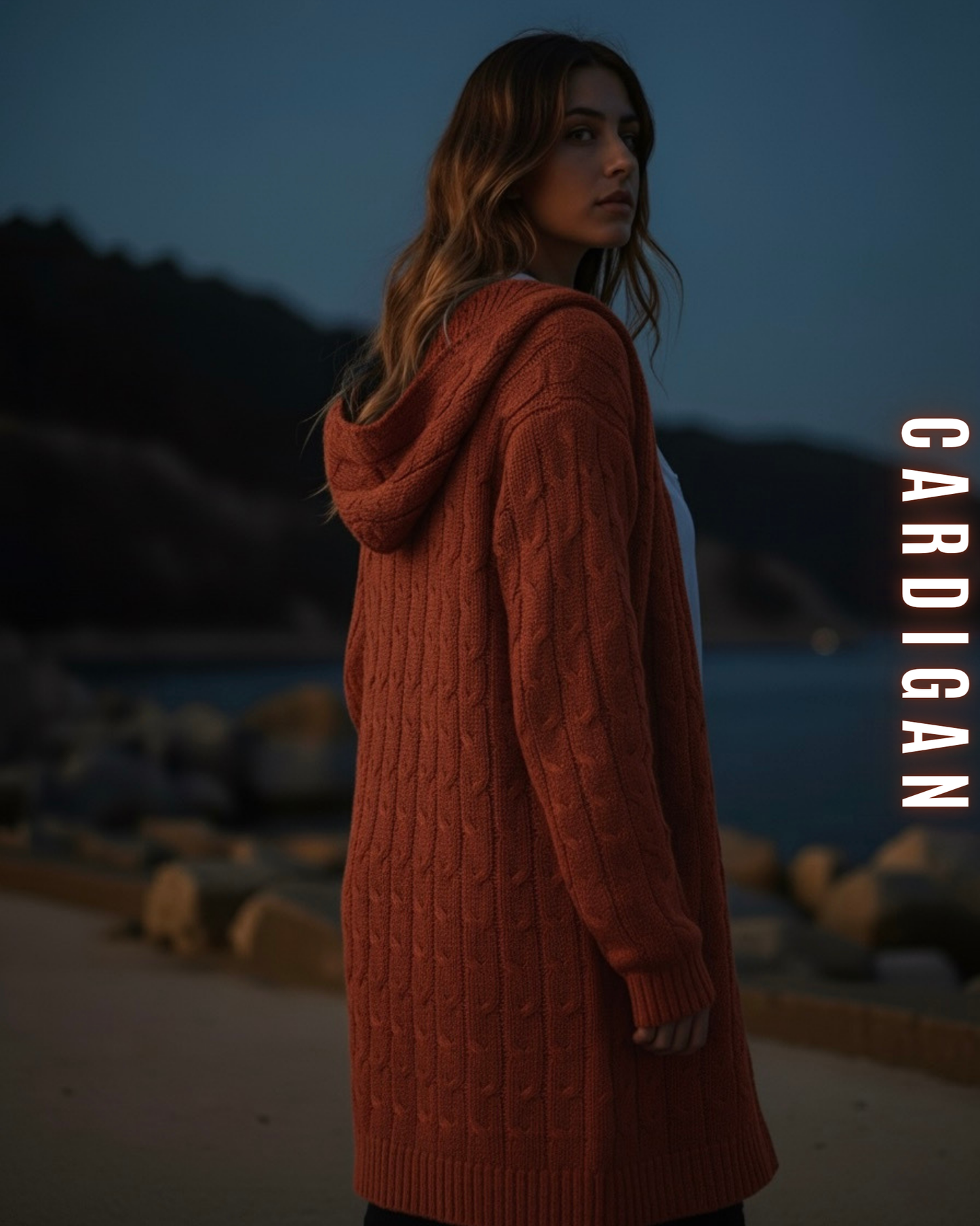 Langer Zopfstrick Cardigan mit Kapuze