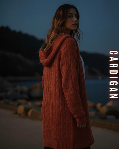 Langer Zopfstrick Cardigan mit Kapuze