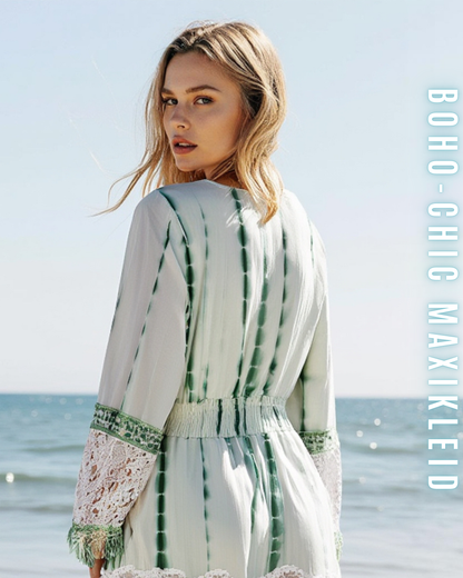 Boho-Chic Maxikleid für Damen – Batik & Spitze | 100% Viskose | Free Size | Bequem & Fließend