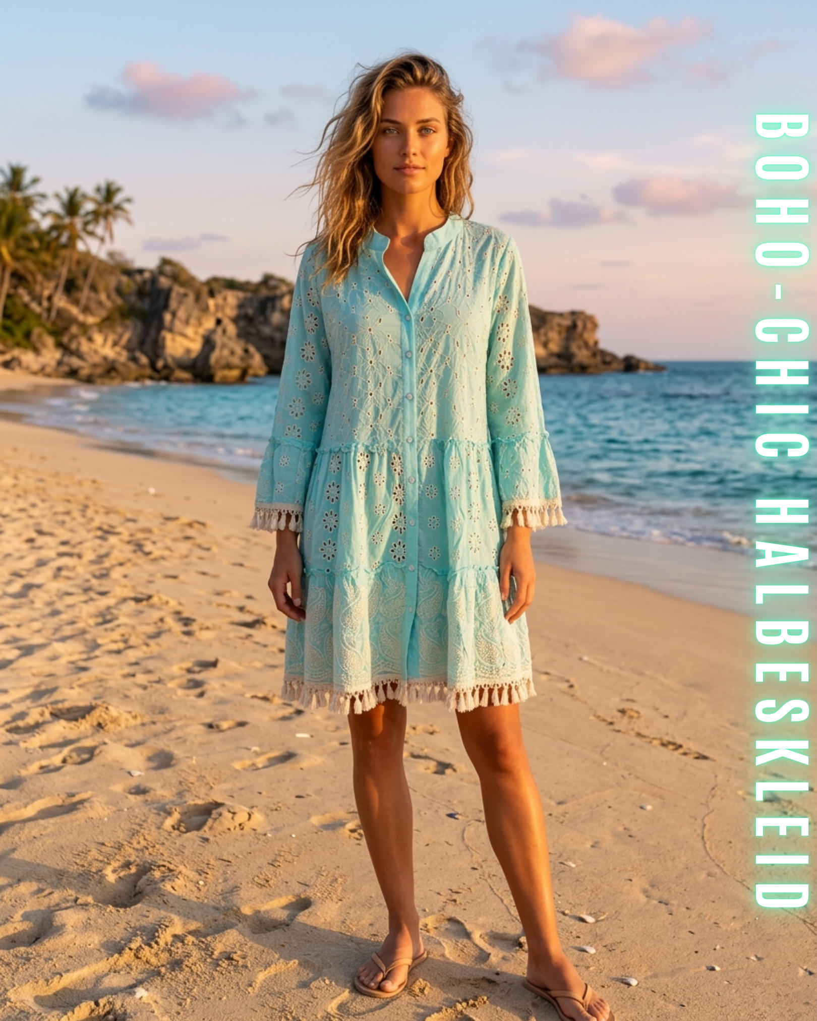 Türkisblaues Boho Mini-Kleid mit Lochstickerei und Fransen am Strand