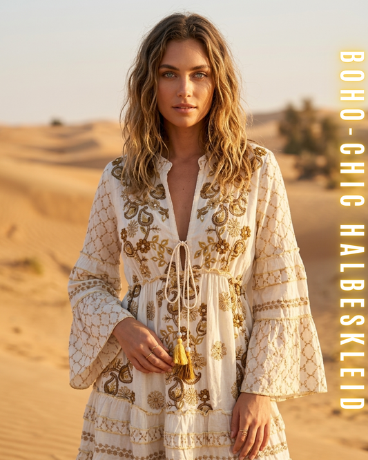 Frontale Nahaufnahme einer Frau in der Wüste mit einem weißen Boho-Chic-Halbkleid mit goldener Stickerei und Glockenärmeln, ohne Größenmessgrafiken. Vertikaler Text: BOHO-CHIC HALBESKLEID.