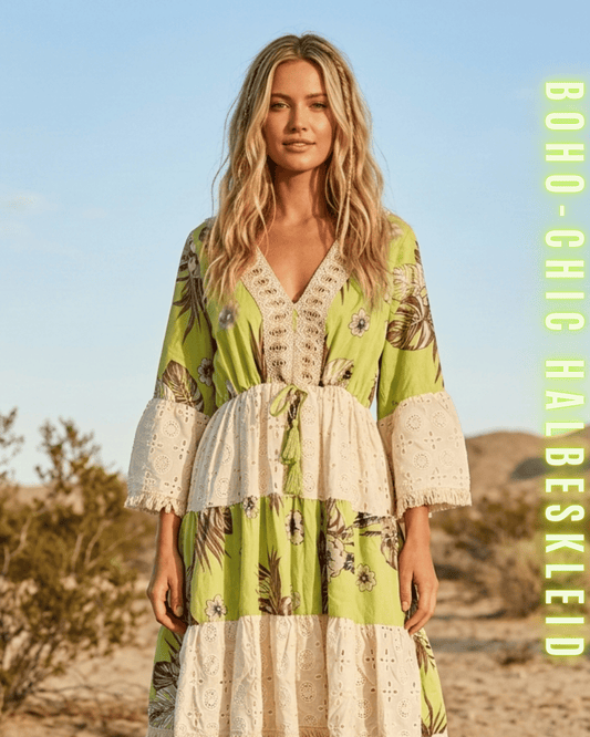 Vorderansicht des grünen Boho-Sommerkleid mit V-Ausschnitt und Häkelspitze im Wüsten-Look.