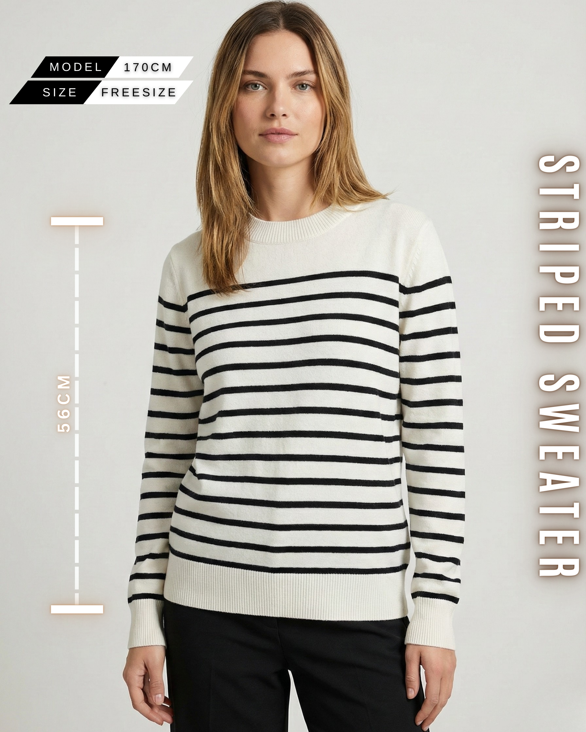Frontansicht eines Models in einem cremeweißen Pullover mit schwarzen Streifen, inklusive Maßangabe von 56 cm Länge.