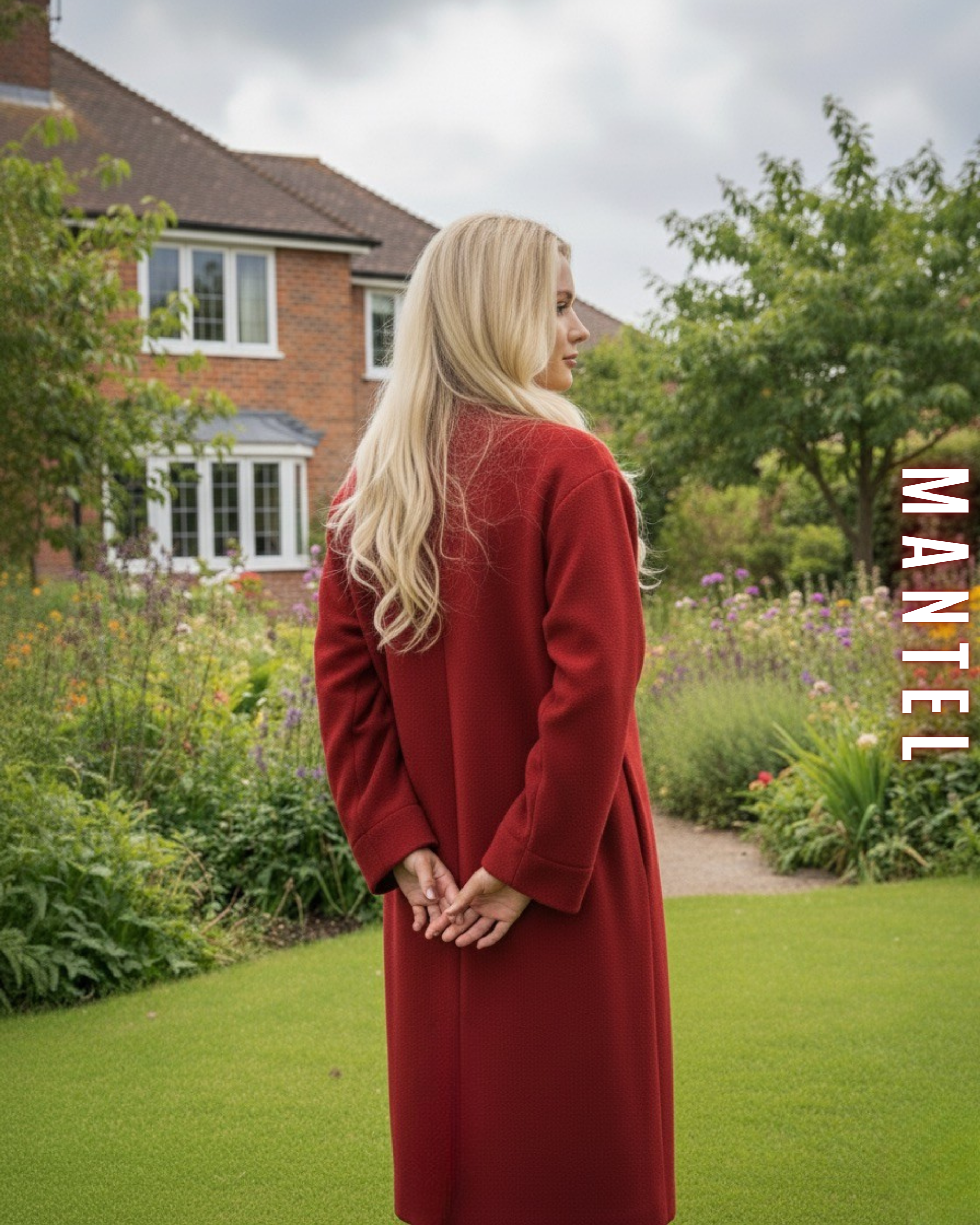 Langer Wollmantel in Rostrot von hinten, im Garten