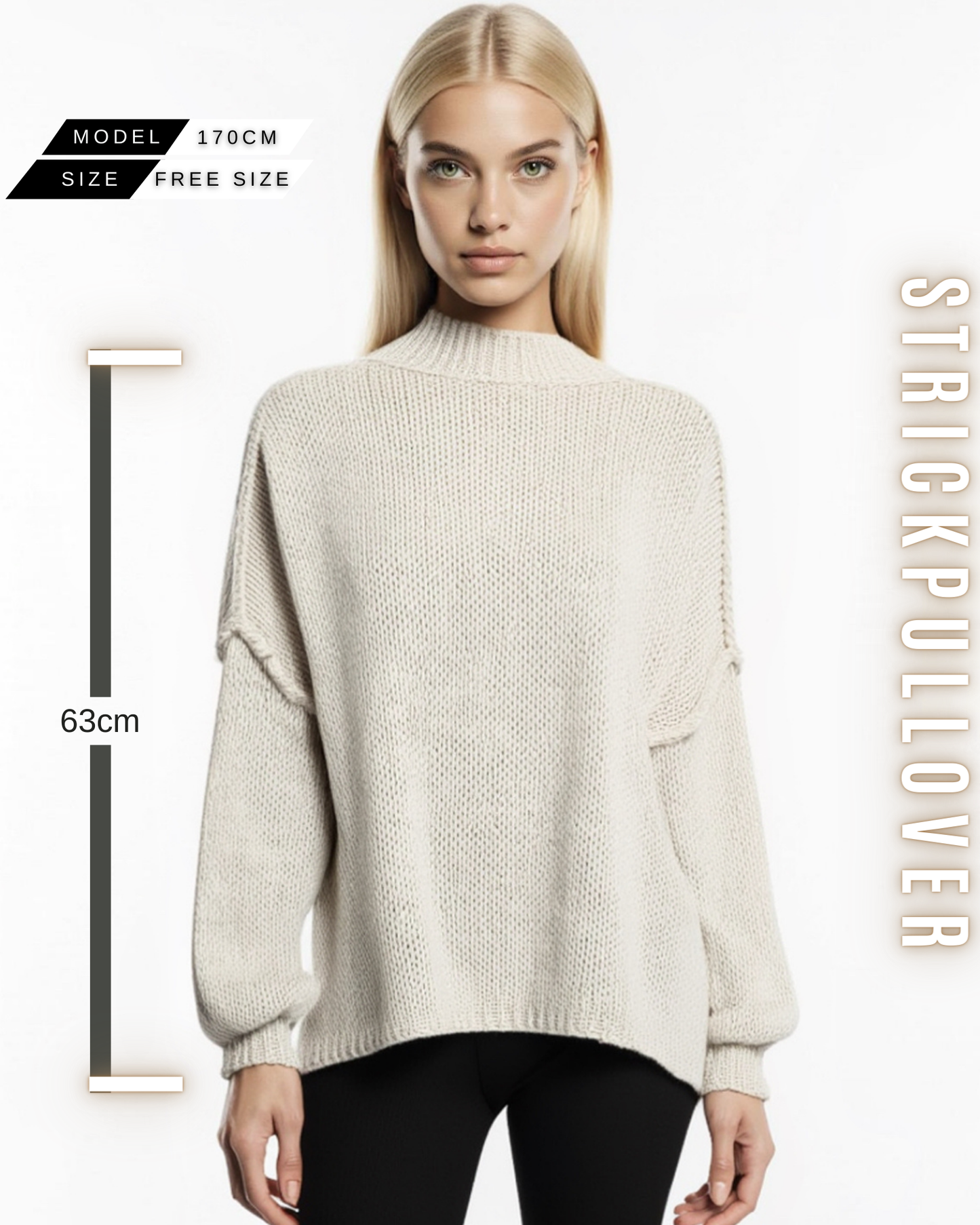 Nahaufnahme des Strickmusters und des Stehkragens am Pullover, mit Größeninformationen.