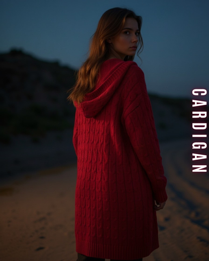 Langer Zopfstrick Cardigan mit Kapuze