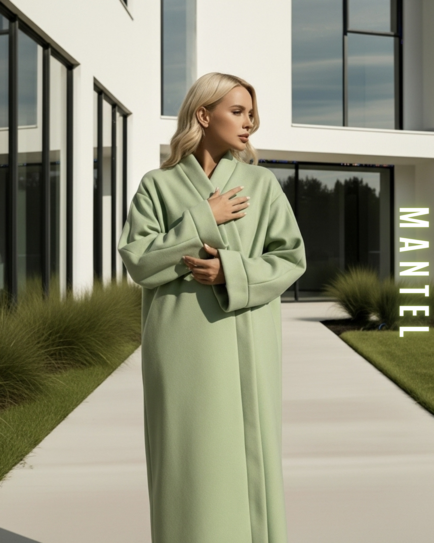 Langer, Mintgrün Wollmantel im Wickel-Look, moderne Architektur im Hintergrund