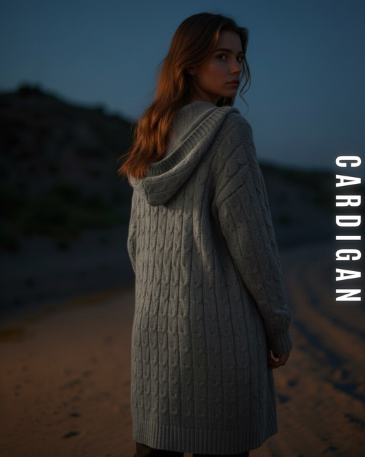 Langer Zopfstrick Cardigan mit Kapuze