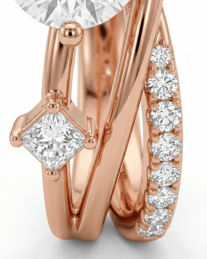 Nahaufnahme der exquisiten Steinbesetzung und der fließenden Geometrie des ELEXUA Rings.