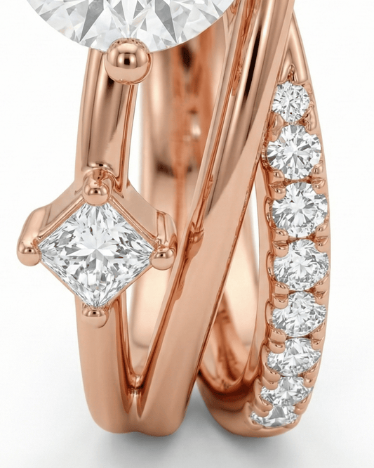 Nahaufnahme der exquisiten Steinbesetzung und der fließenden Geometrie des ELEXUA Rings.