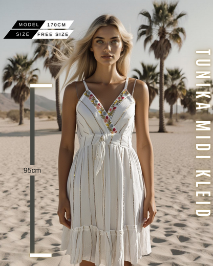 Boho Tunika Midikleid mit Blumen-Stickereien & Rüschen