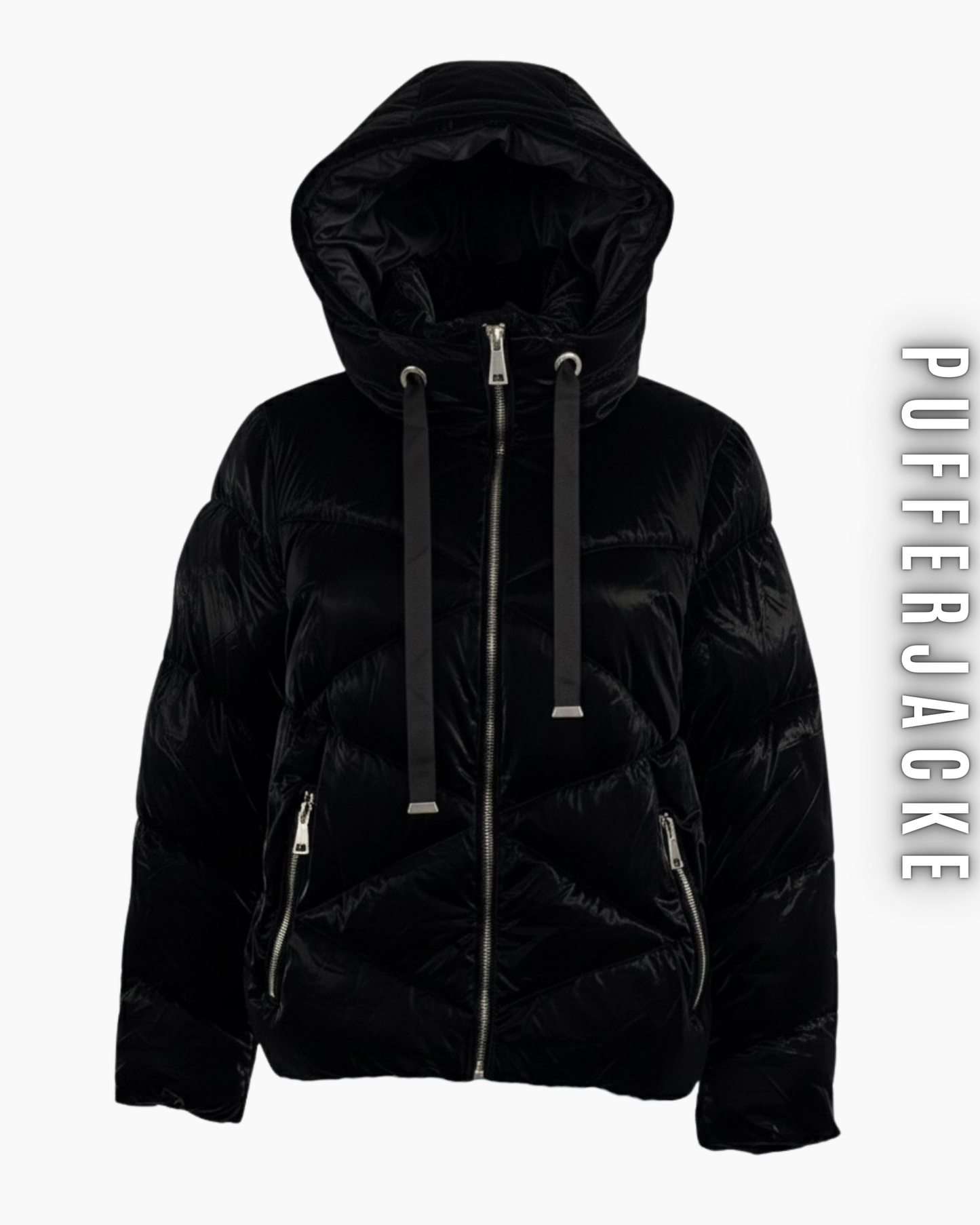 Freigestellte schwarze Glanz-Pufferjacke mit Kapuze und langen Zipper-Bändern