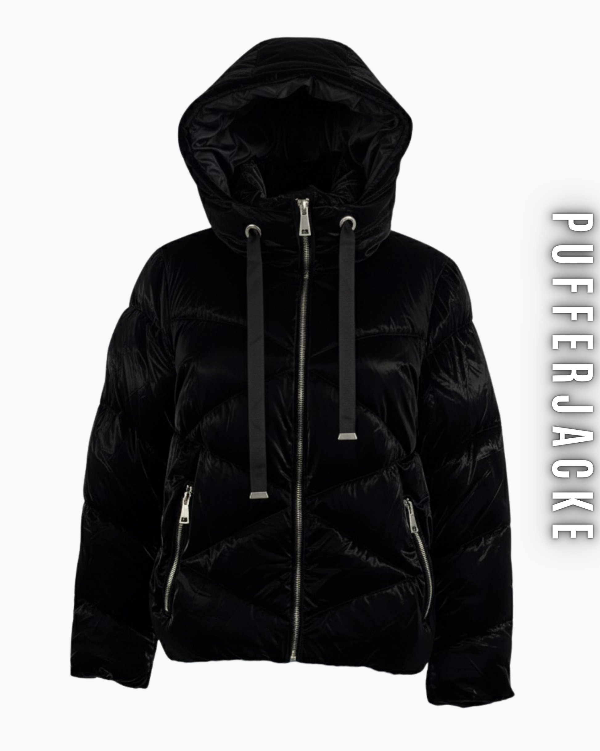 Freigestellte schwarze Glanz-Pufferjacke mit Kapuze und langen Zipper-Bändern