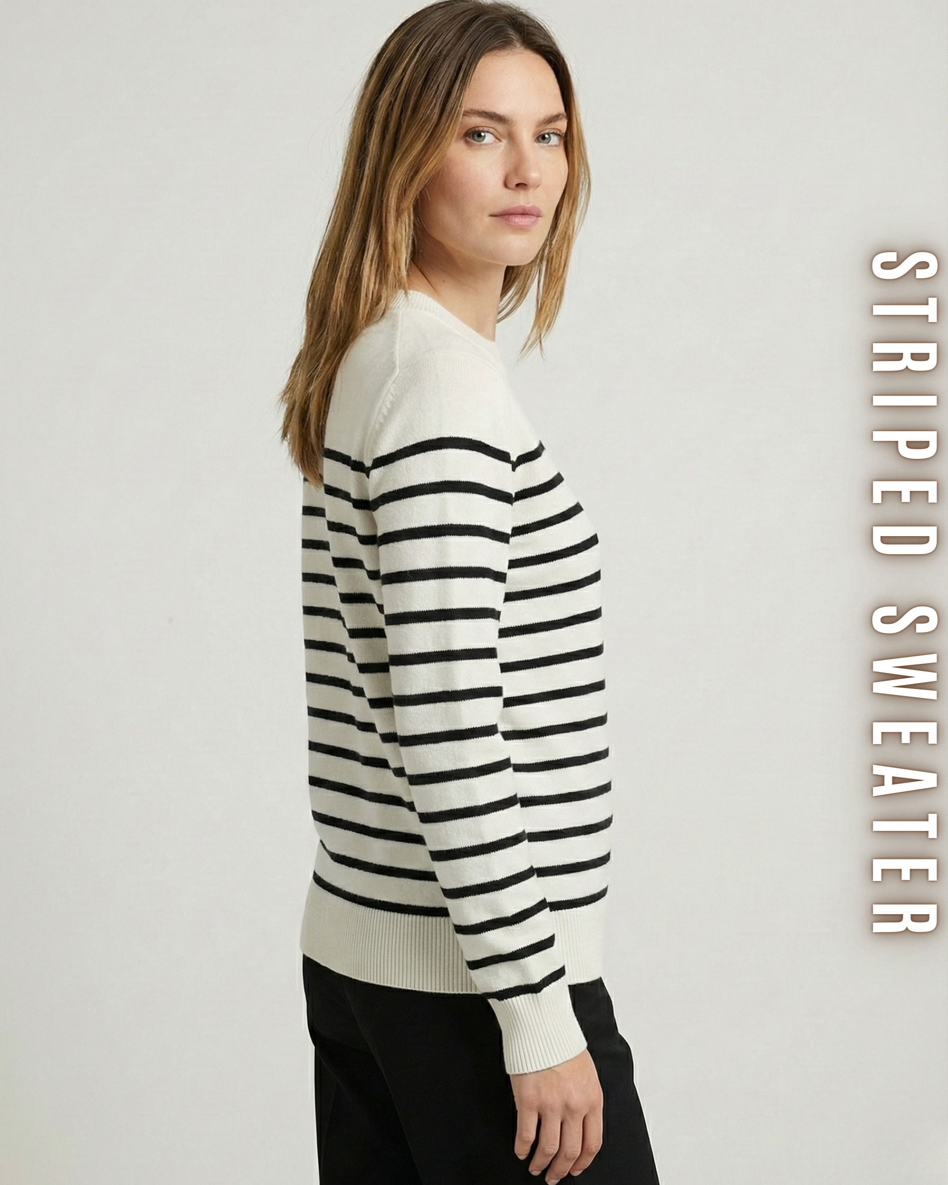 Seitenansicht des gestreiften Damenpullovers mit Fokus auf die Passform am Arm.