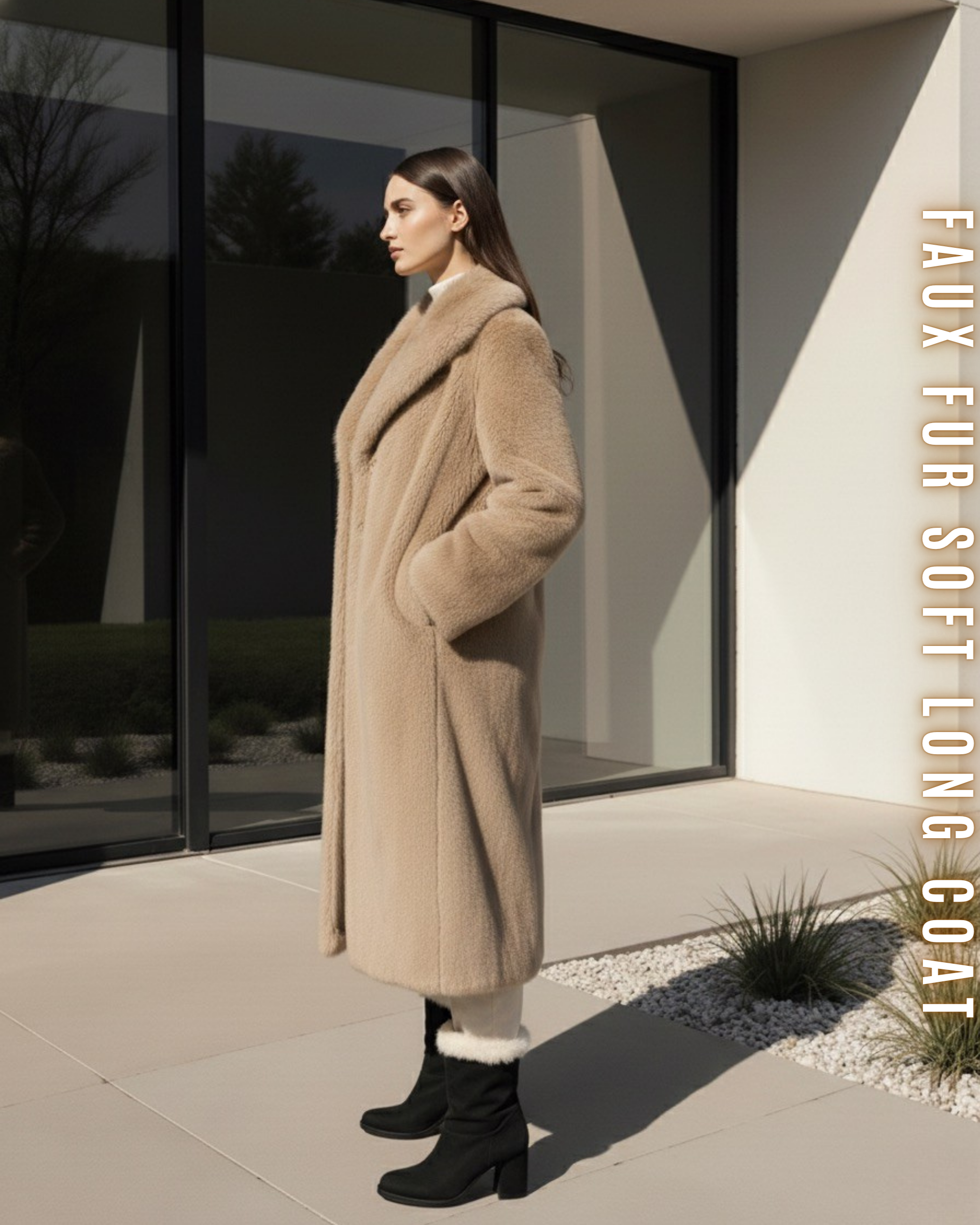 Langer, weicher Kunstpelzmantel in Camel, von der Seite getragen.