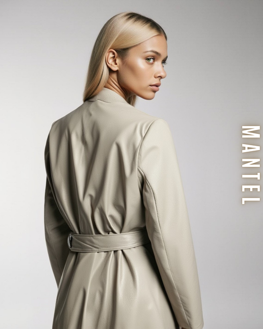 Eine Frau von hinten in einem hellbeigen Kunstleder-Trenchcoat mit gebundenem Gürtel.