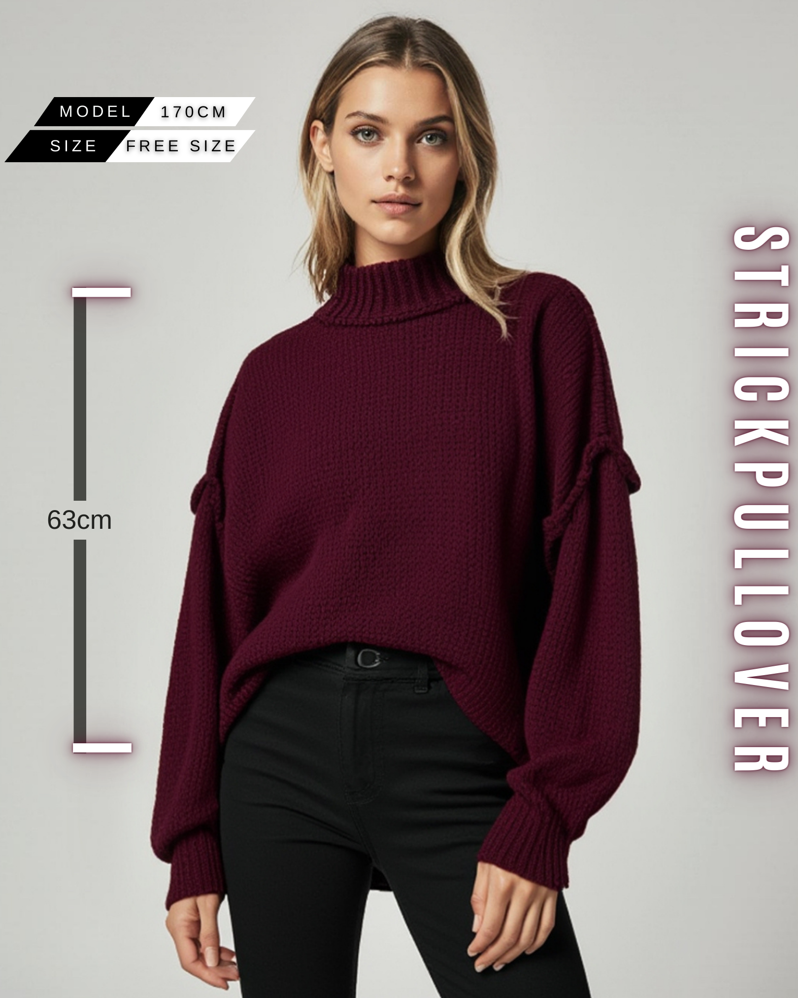 Eine Frau in einem burgunderroten, grob gestrickten Pullover mit Stehkragen, weiten Ärmeln und mit Größe Information.