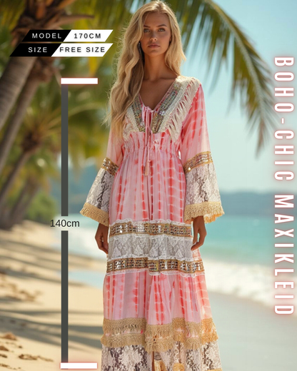 Boho-Chic Maxikleid für Damen mit Spitze & Fransen | 100% Viskose | Perfekt für Sommer und Veranstaltungen.