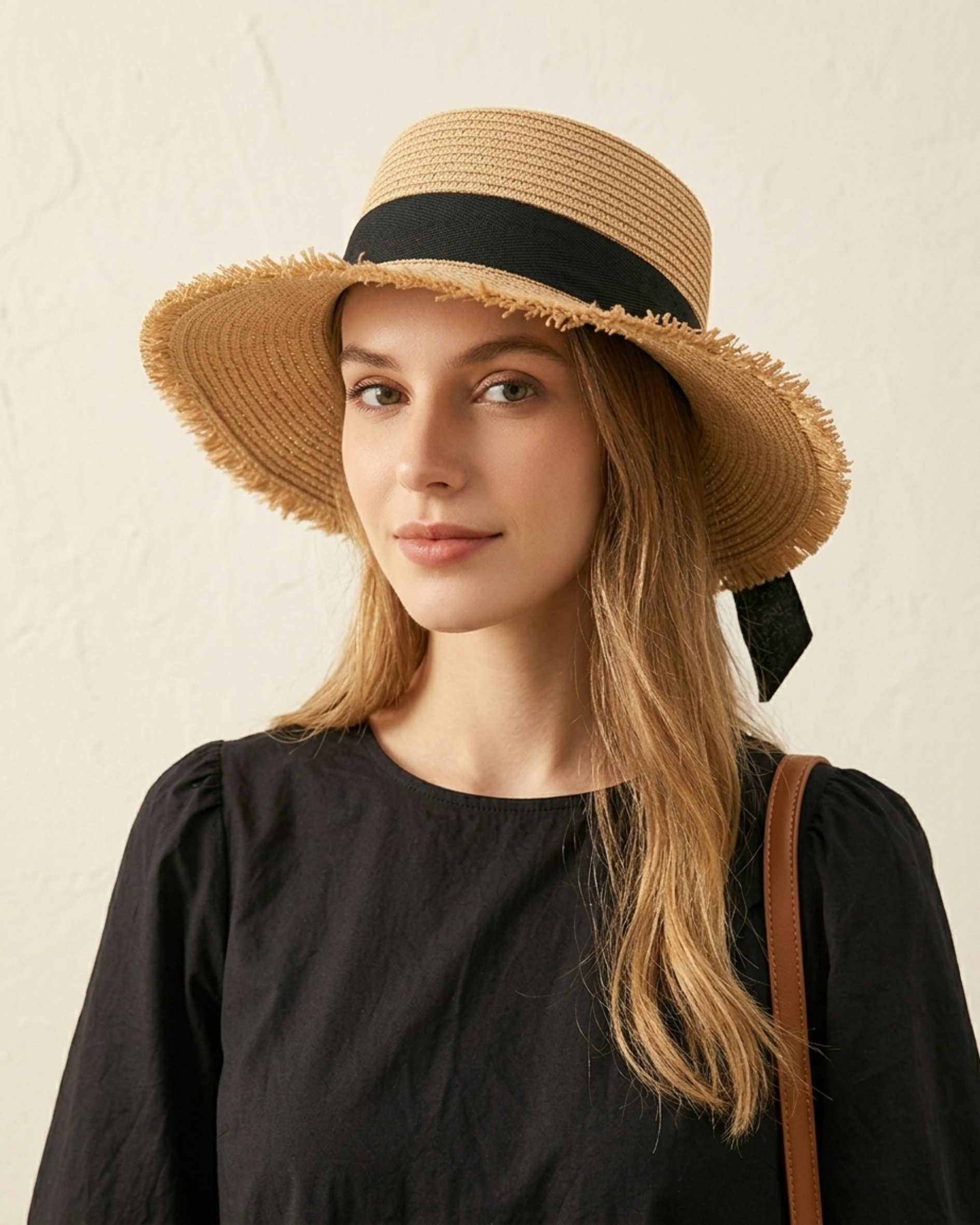 Seitenprofil-Ansicht des ELEXUA „MILA“ gefransten Strohhuts mit schwarzem Band an einem Model.