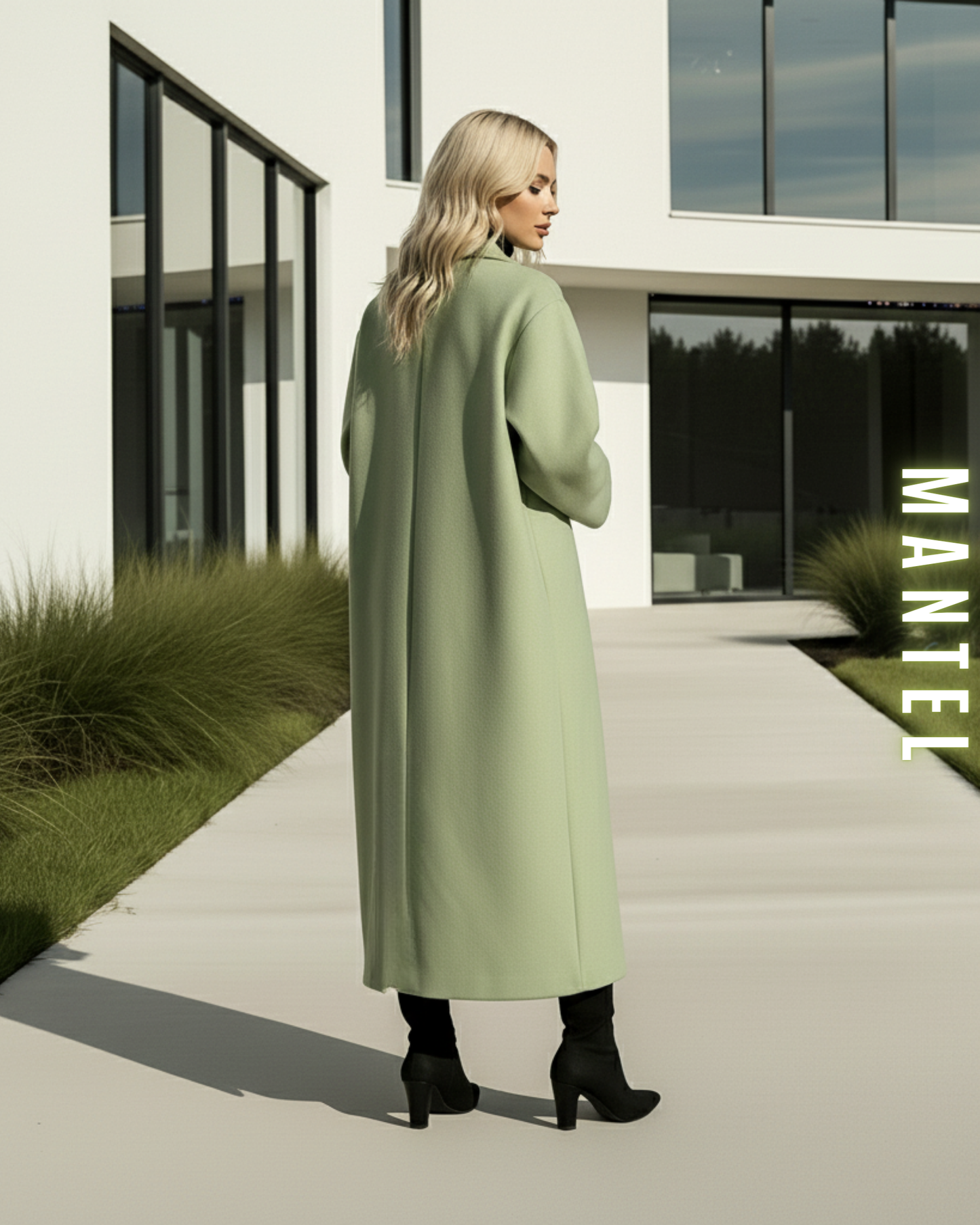 Damen Wollmantel im Kimono-Stil in Pastell-Mintgrün, Rückansicht