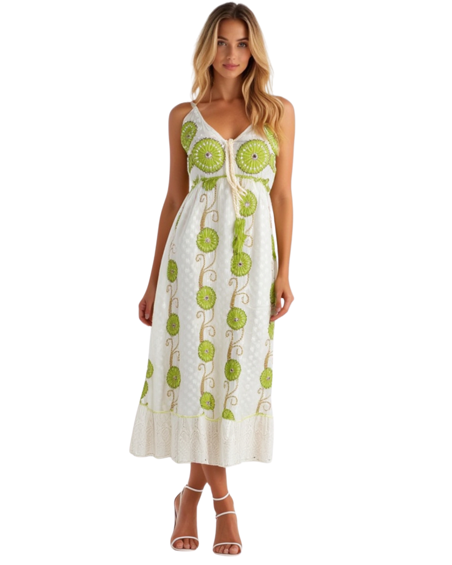 Boho-Maxi-Kleid mit Perlen und Spiegel| Weiß-Grün/Babyblau/Brown | Baumwolle | Ideal für Sommer, Strand & Festival
