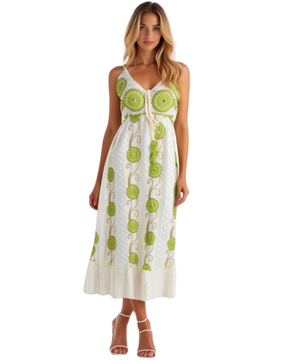 Boho-Maxi-Kleid mit Perlen und Spiegel| Weiß-Grün/Babyblau/Brown | Baumwolle | Ideal für Sommer, Strand & Festival