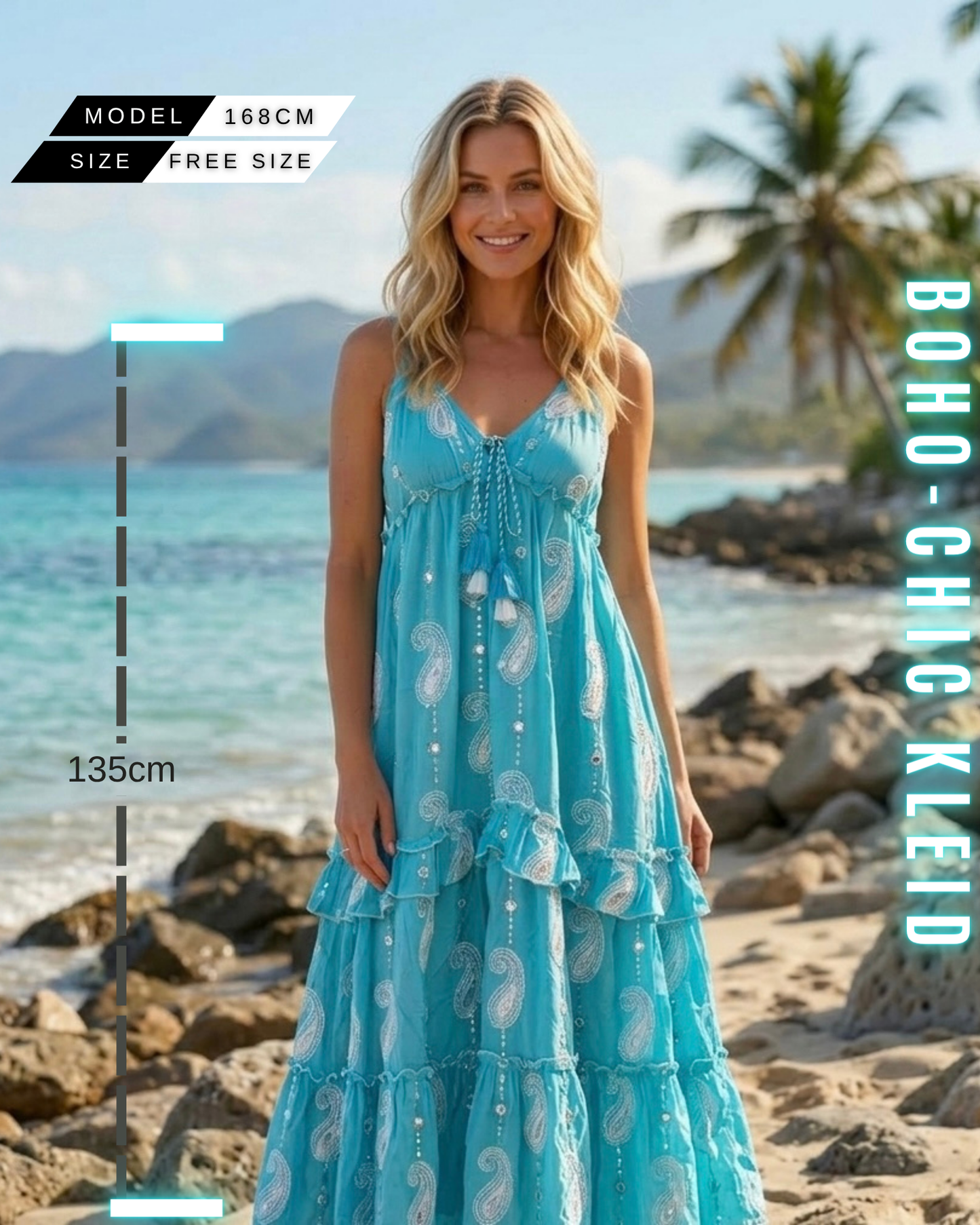 Hellblaues Boho-Chic Strandkleid mit V-Ausschnitt, weißem Paisley-Muster und verspielten Quasten, Free size, Einheitsgröße, 135cm Kleid Länge.