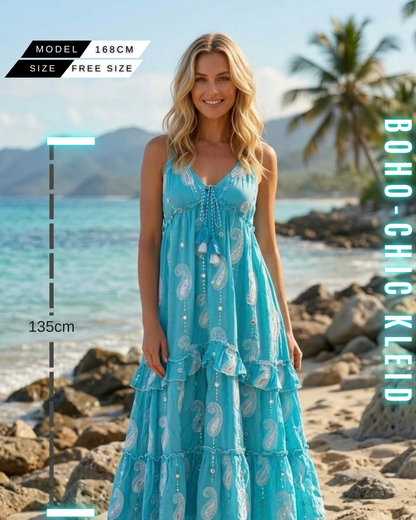 Hellblaues Boho-Chic Strandkleid mit V-Ausschnitt, weißem Paisley-Muster und verspielten Quasten, Free size, Einheitsgröße, 135cm Kleid Länge.