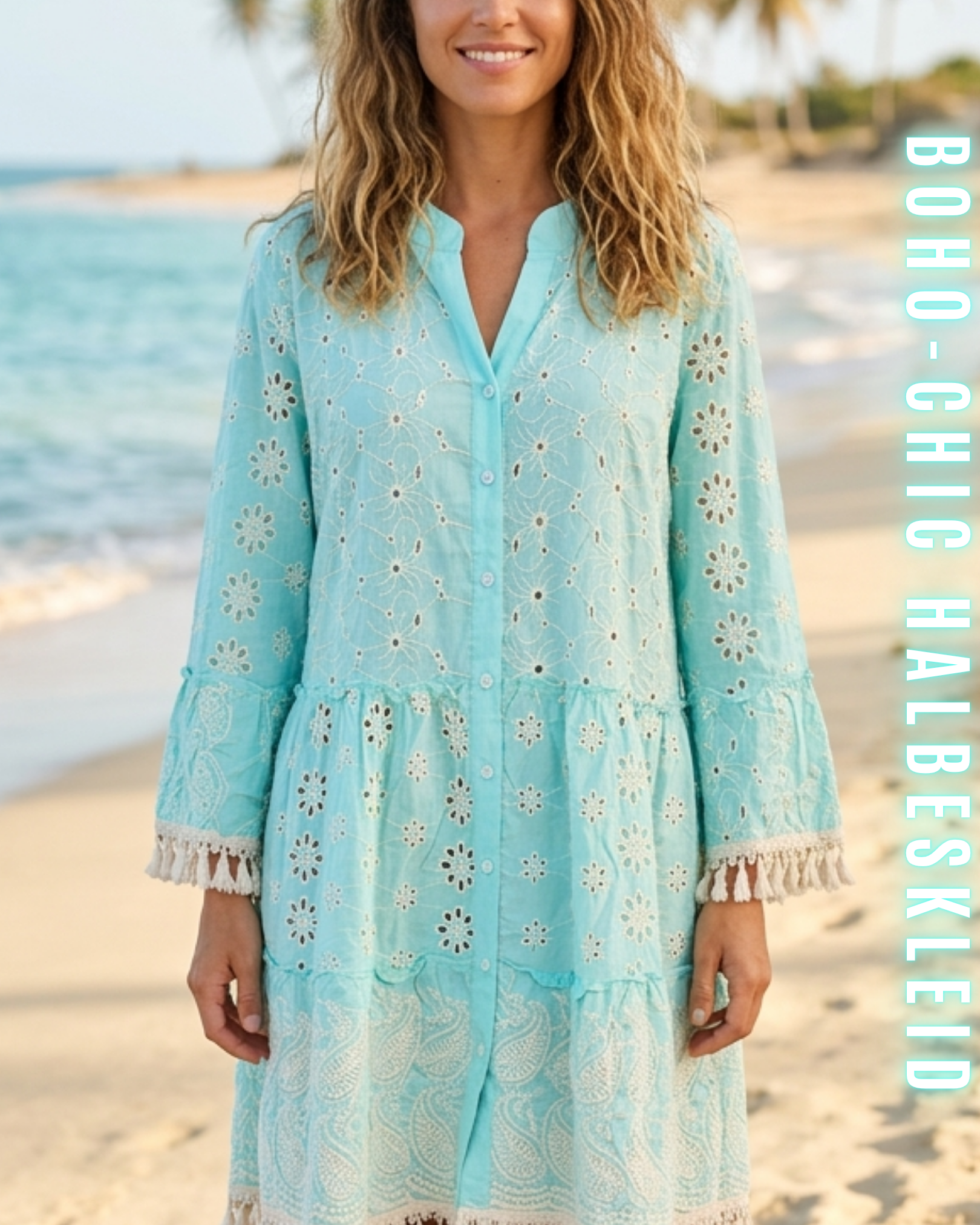 Nahaufnahme Lochstickerei und Fransen-Saum an kurzem Strandkleid