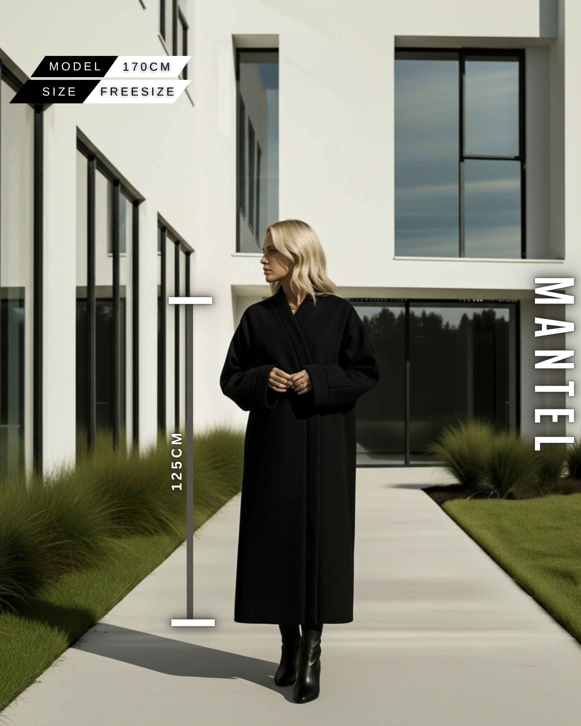 Eleganter, langer Oversize Wollmantel Damen in Schwarz, 125 cm Länge, Freesize.