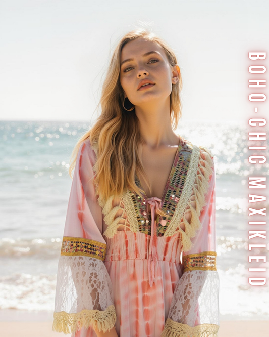 Boho-Chic Maxikleid für Damen mit Spitze & Fransen | 100% Viskose | Perfekt für Sommer und Veranstaltungen.