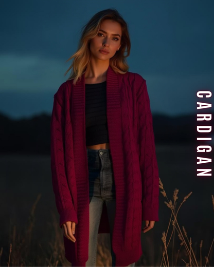 Langer Zopfstrick Cardigan mit Kapuze