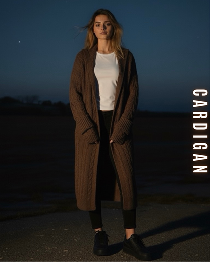 Langer Zopfstrick Cardigan mit Kapuze