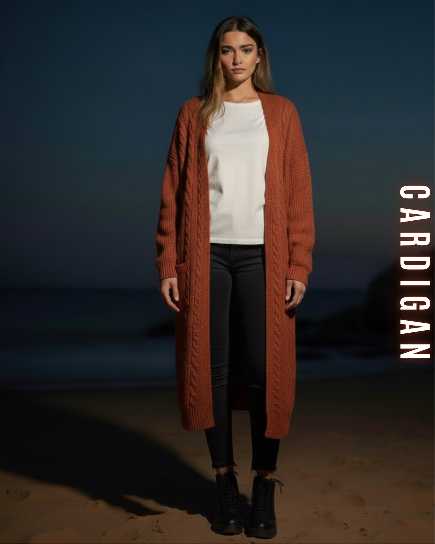 Langer Zopfstrick Cardigan mit Kapuze