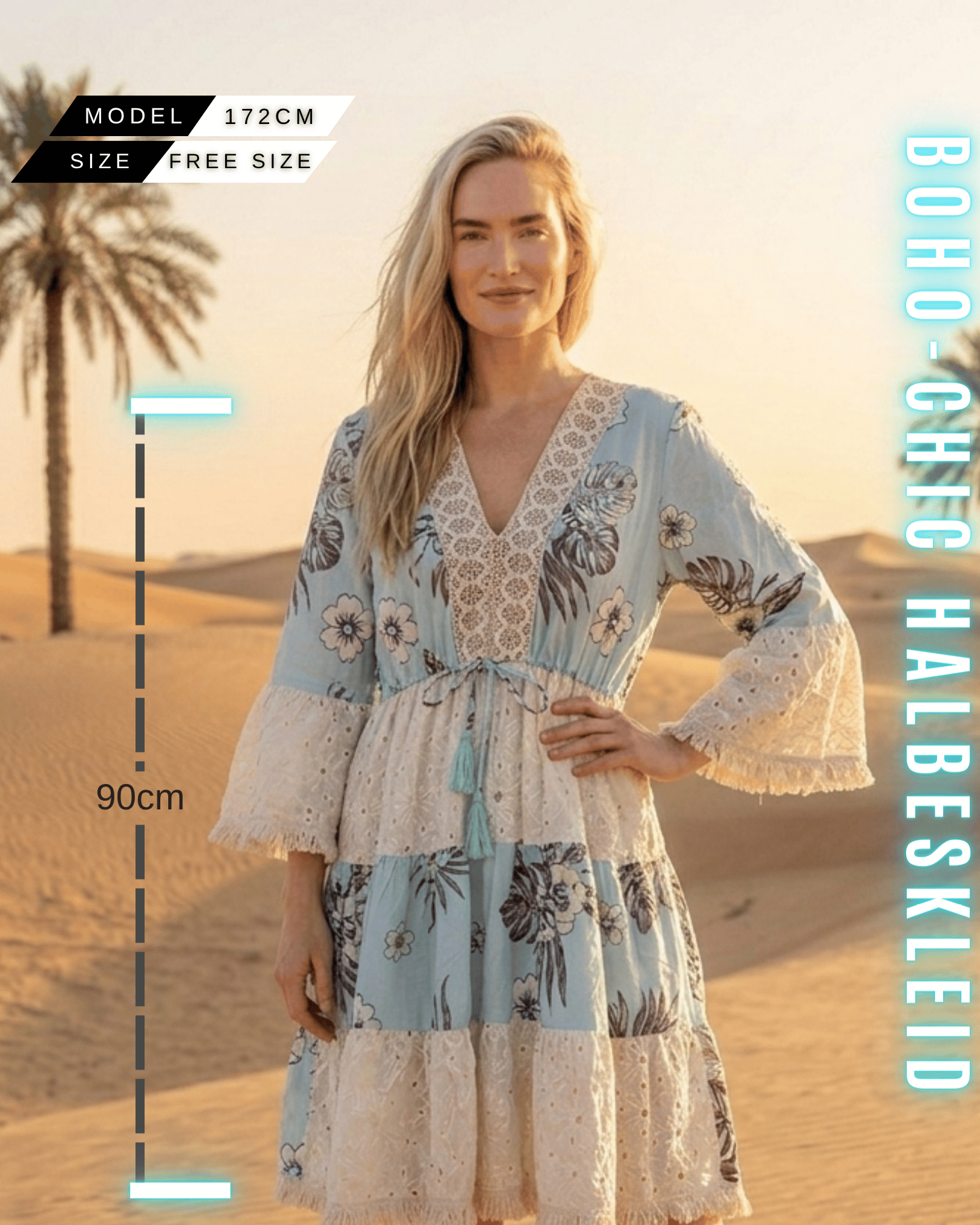 Luftiges blaues Sommerkleid im Hippie-Stil mit 90cm Länge und Spitzen-Details.