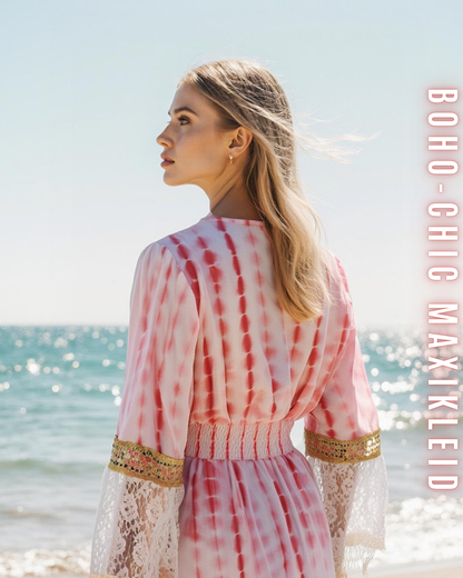 Boho-Chic Maxikleid für Damen mit Spitze & Fransen | 100% Viskose | Perfekt für Sommer und Veranstaltungen.