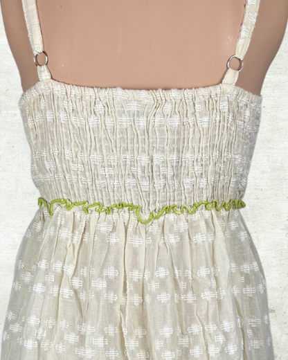 Boho-Maxi-Kleid mit Perlen und Spiegel| Weiß-Grün/Babyblau/Brown | Baumwolle | Ideal für Sommer, Strand & Festival